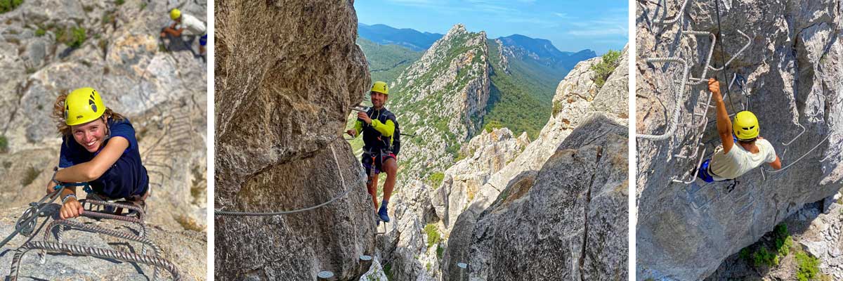 3 images de progression sur le parcours "La Panoramique" de la via-ferrata-du-Fenouillèdes (66).